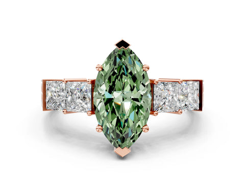 Rose gold Fancy Green Marquise Cut Solitaire Princess Side Stone Engraved Band Prong Setting Ring