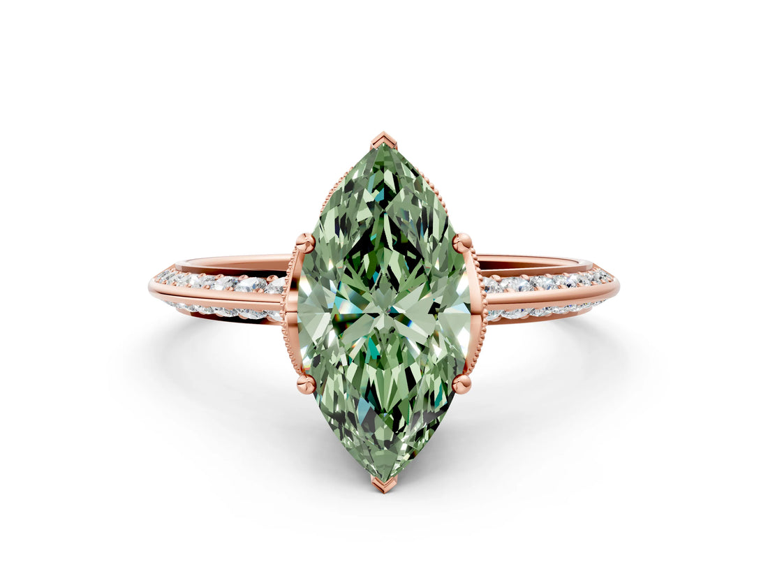 Rose gold Fancy Green Marquise Cut Solitaire Split Shank Pave Diamond Engagement Ring with Four-Prong Setting_12