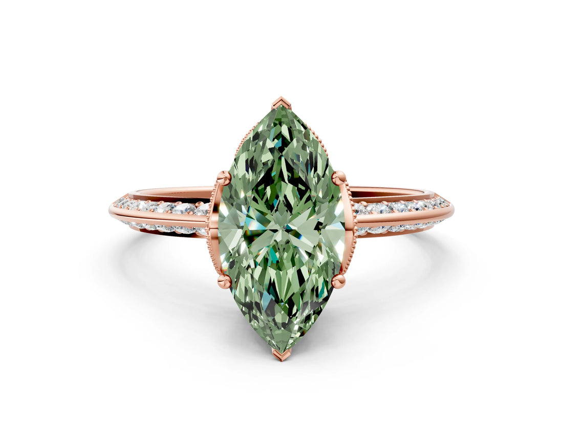 Rose gold Fancy Green Marquise Cut Solitaire Split Shank Pave Diamond Engagement Ring with Four-Prong Setting_36