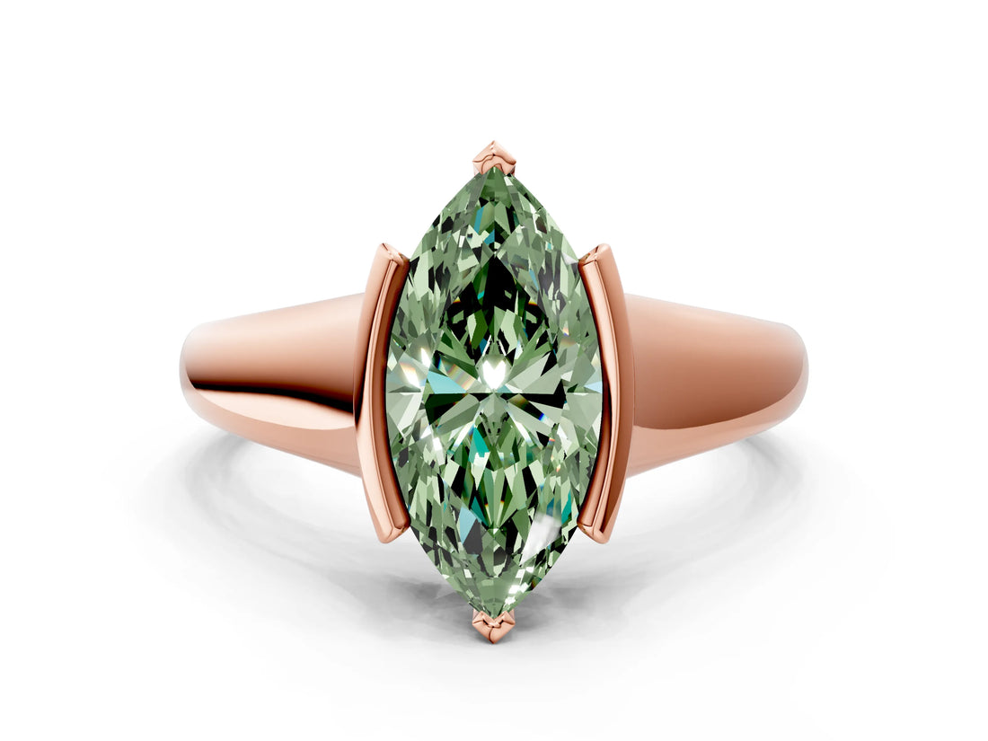 Rose gold Fancy Green Marquise Cut Solitaire Tension Set Diamond Ring with Split Shank Band