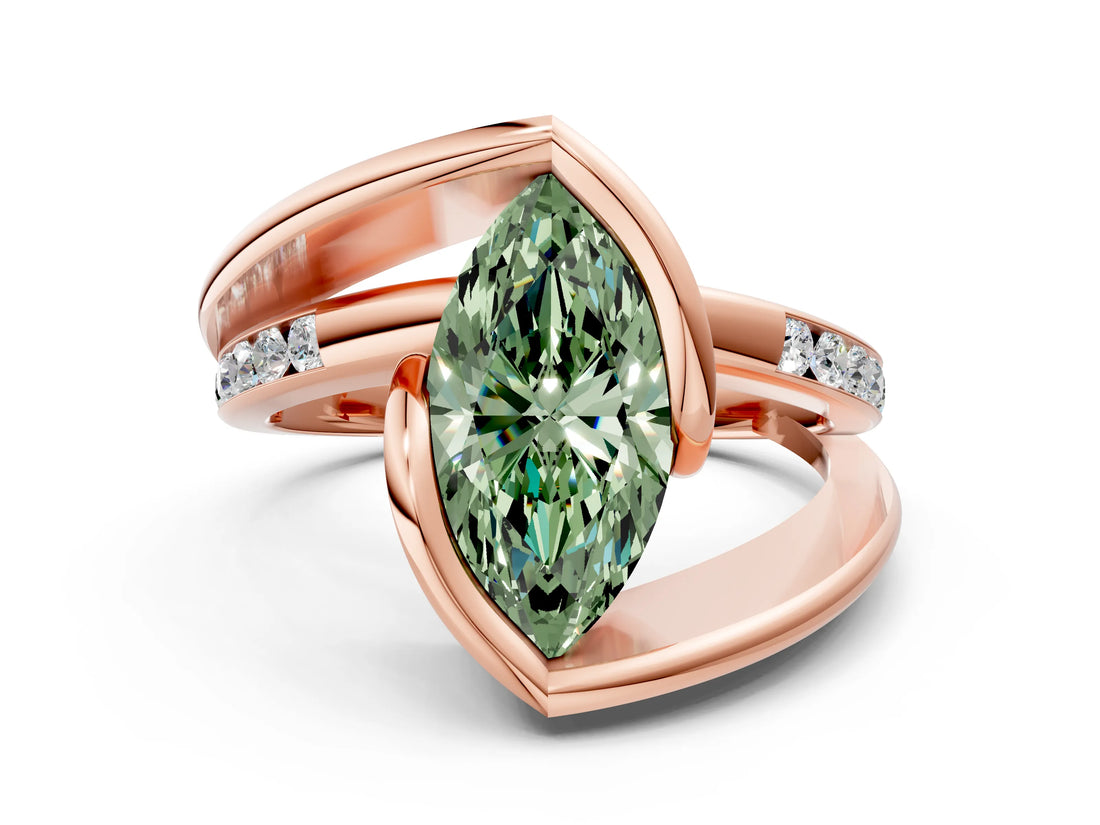 Rose gold Fancy Green Marquise Cut Solitaire Tension-Set Diamond Split Shank Ring