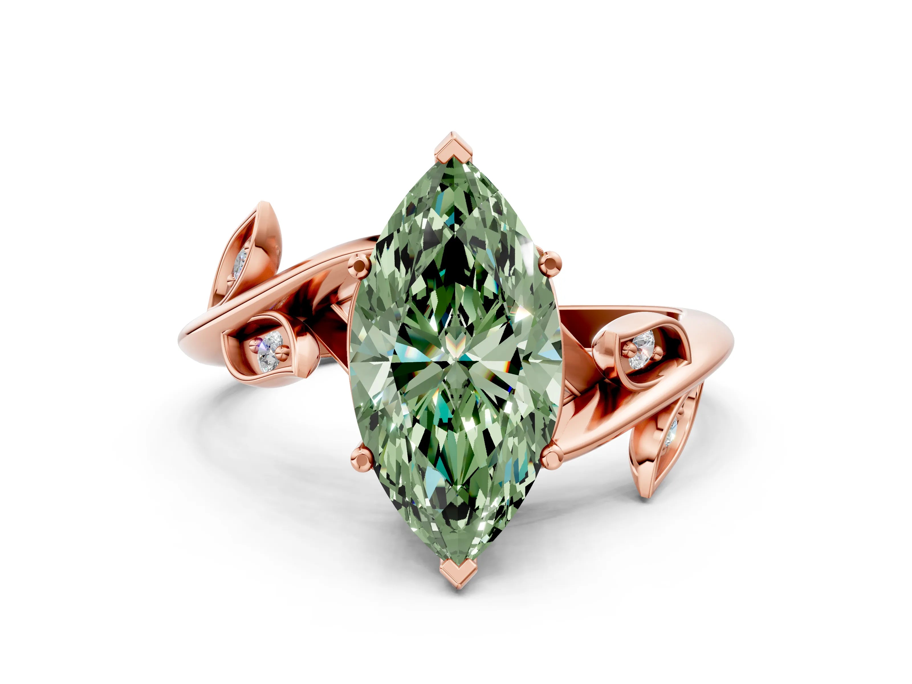 Rose gold Fancy Green Marquise Cut Solitaire Twist Engagement Ring with Leaf Accents and Prong Setting
