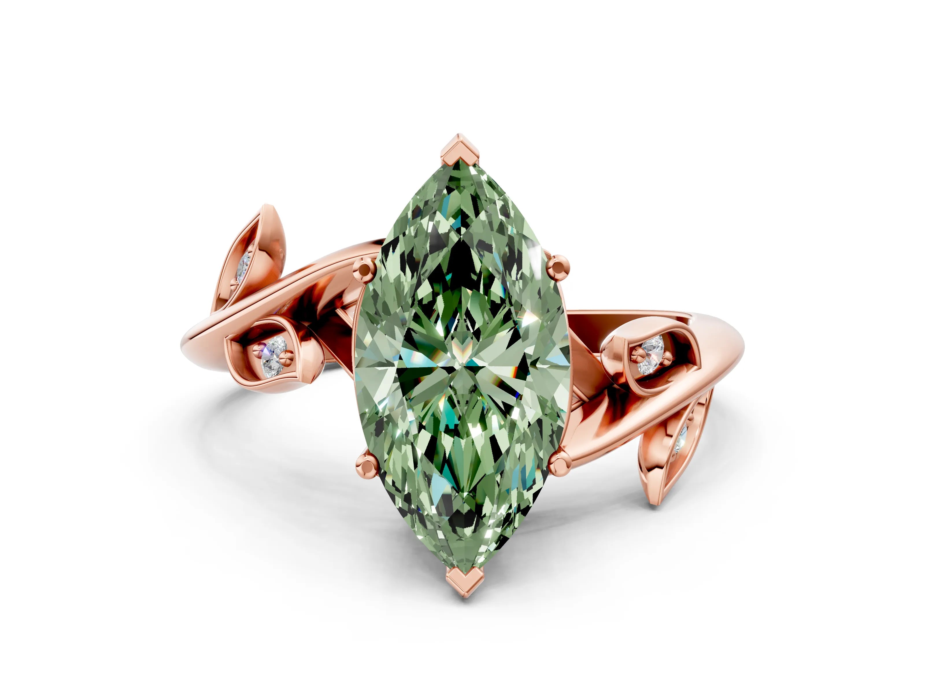 Rose gold Fancy Green Marquise Cut Solitaire Twist Engagement Ring with Leaf Accents and Prong Setting_12