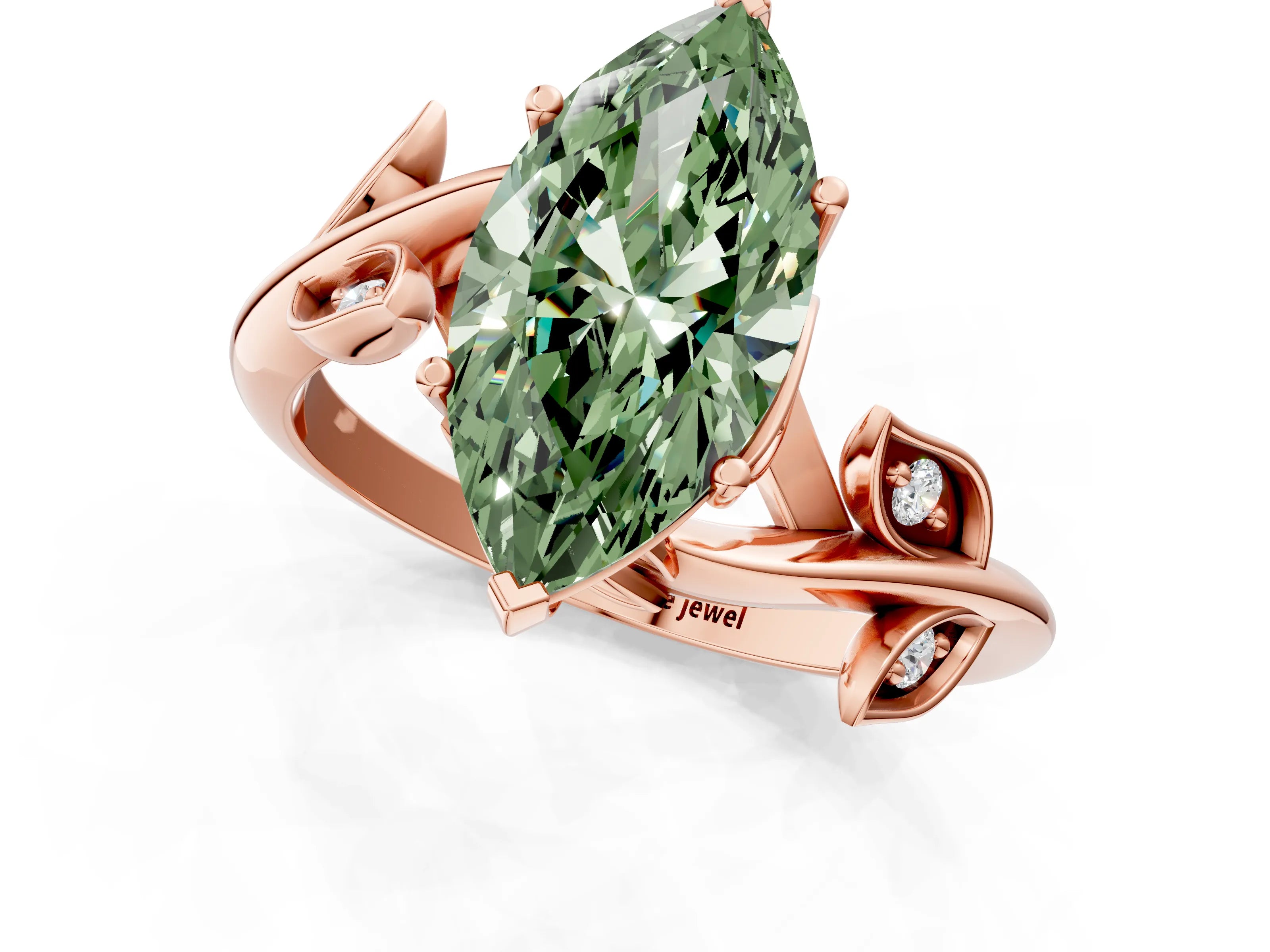 Rose gold Fancy Green Marquise Cut Solitaire Twist Engagement Ring with Leaf Accents and Prong Setting_13