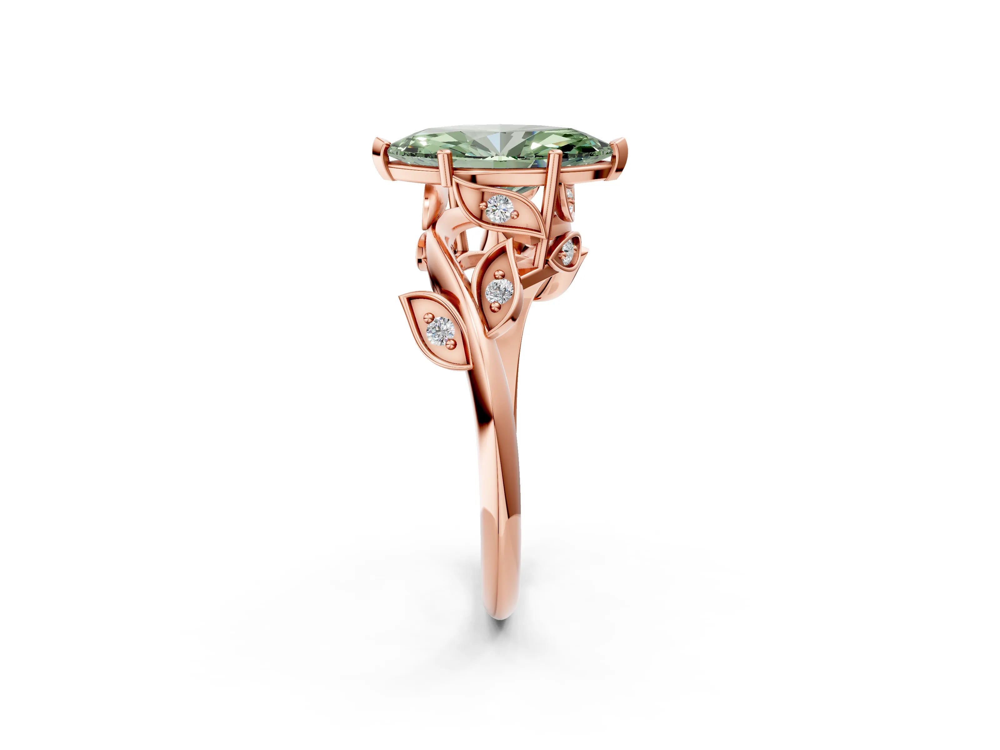 Rose gold Fancy Green Marquise Cut Solitaire Twist Engagement Ring with Leaf Accents and Prong Setting_14