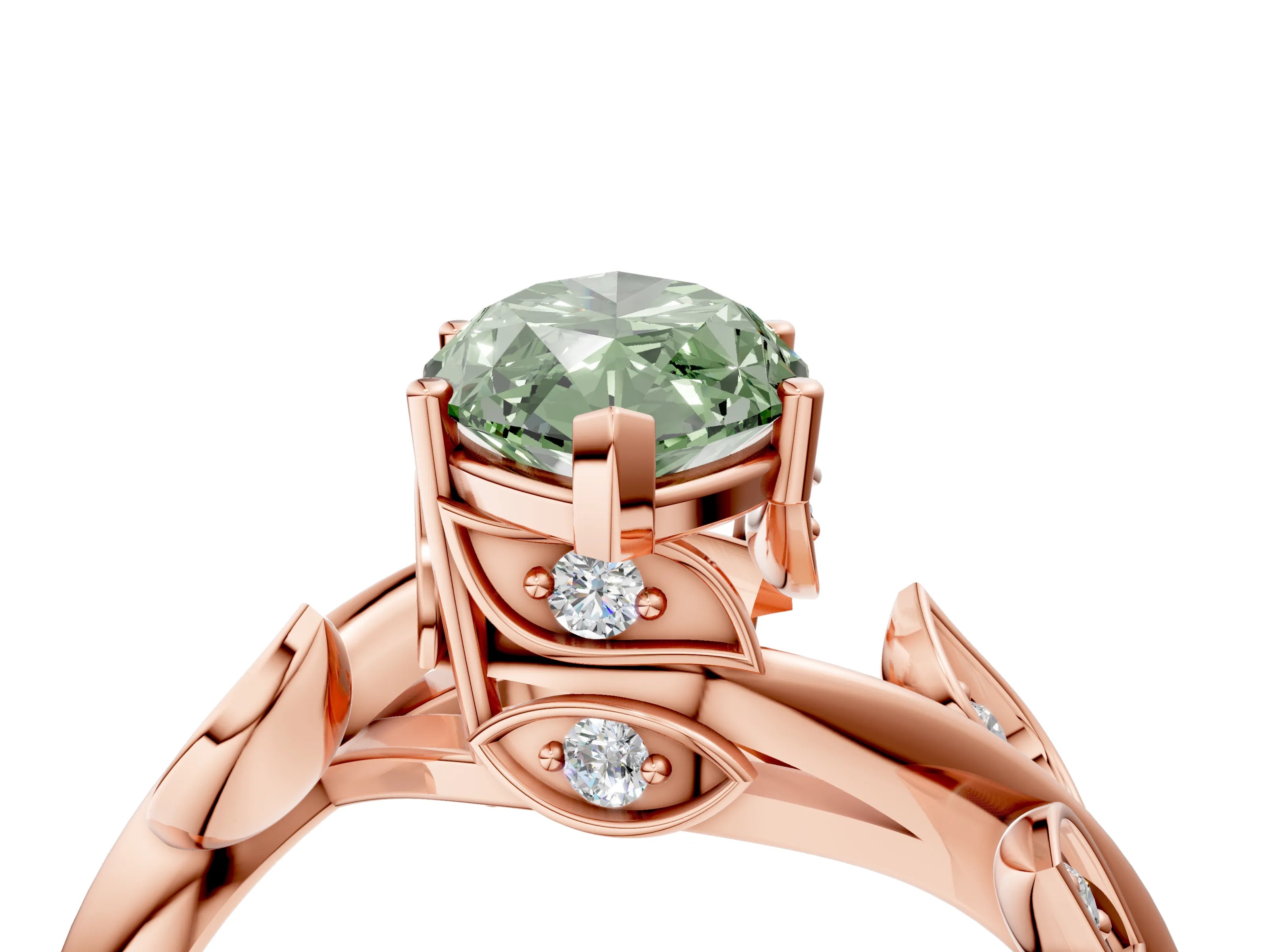 Rose gold Fancy Green Marquise Cut Solitaire Twist Engagement Ring with Leaf Accents and Prong Setting_16