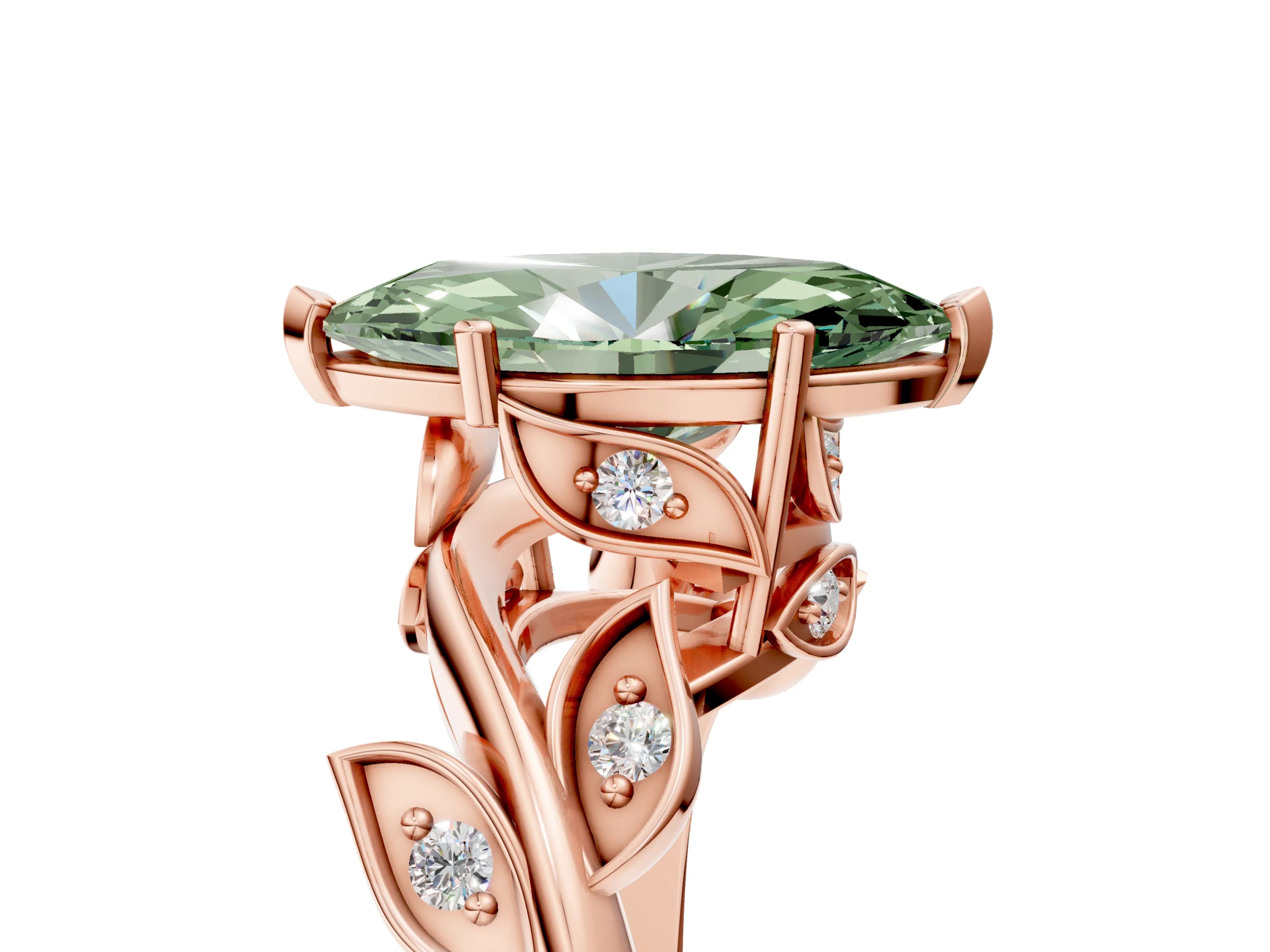 Rose gold Fancy Green Marquise Cut Solitaire Twist Engagement Ring with Leaf Accents and Prong Setting_17