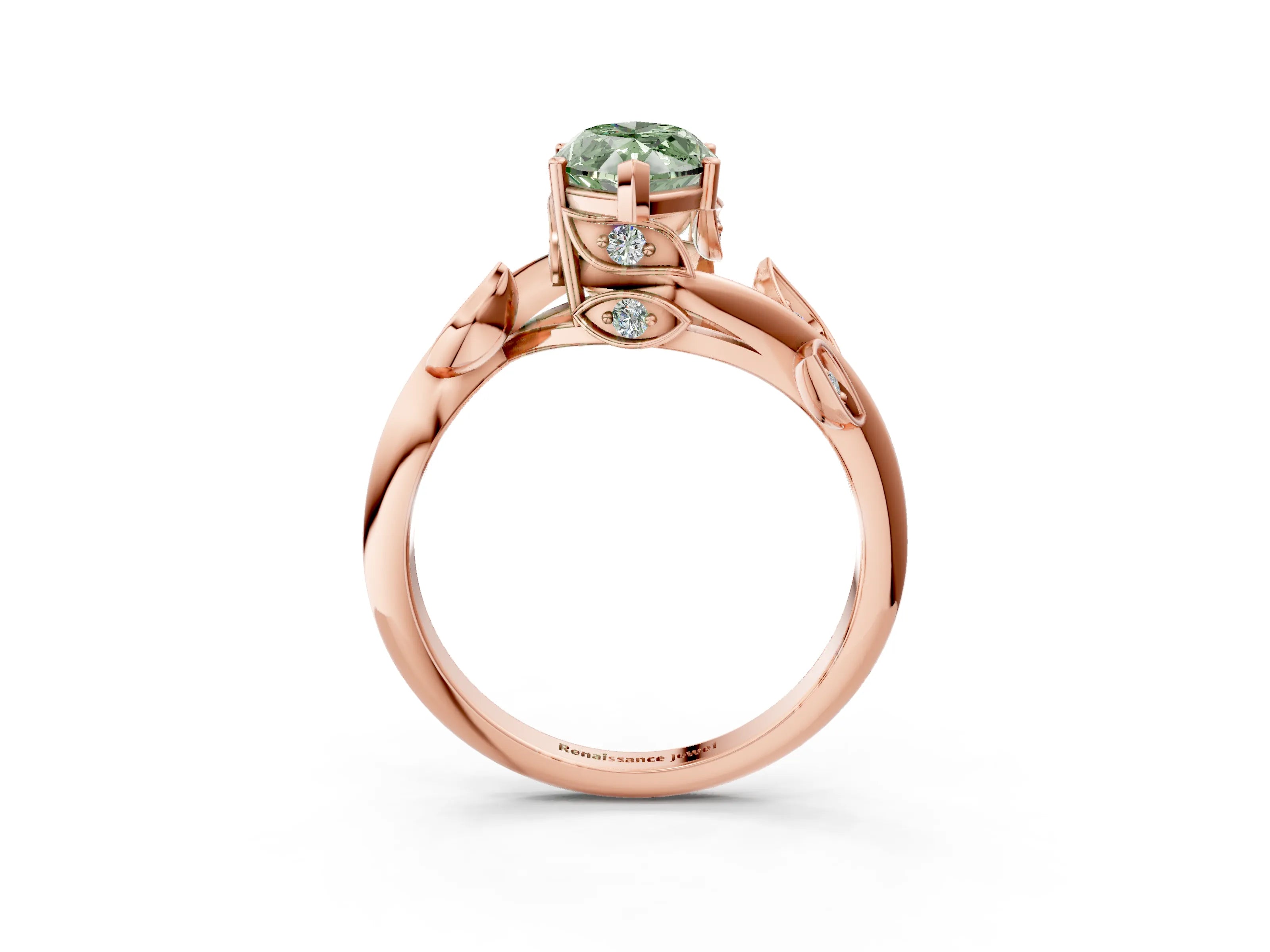 Rose gold Fancy Green Marquise Cut Solitaire Twist Engagement Ring with Leaf Accents and Prong Setting_3