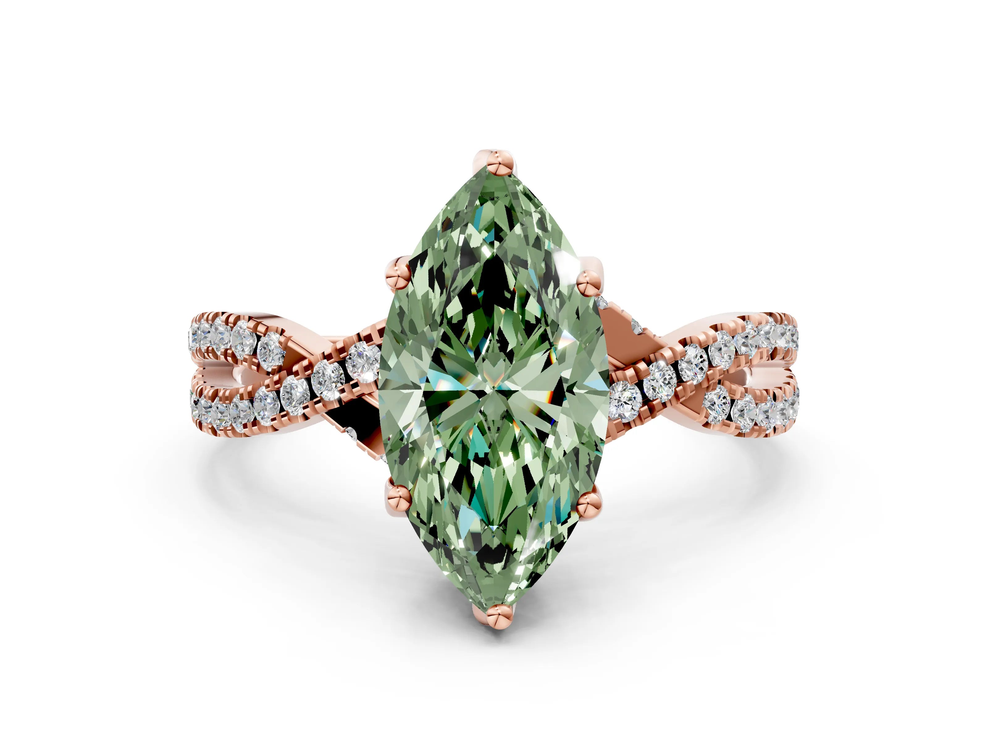 Rose gold Fancy Green Marquise Cut Solitaire Twist Pave Diamond Engagement Ring with Prong Setting