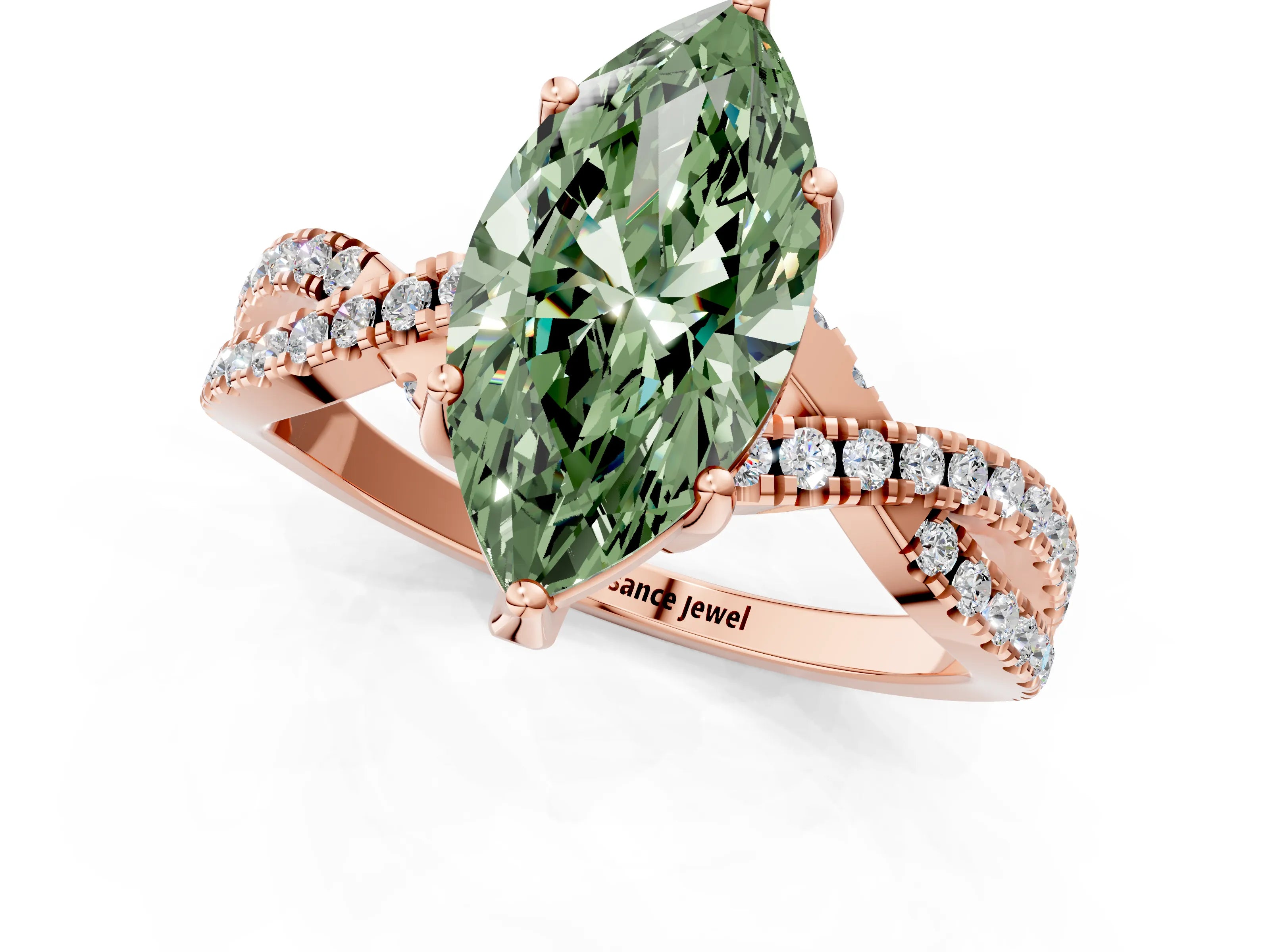 Rose gold Fancy Green Marquise Cut Solitaire Twist Pave Diamond Engagement Ring with Prong Setting_1
