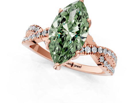 Rose gold Fancy Green Marquise Cut Solitaire Twist Pave Diamond Engagement Ring with Prong Setting_1