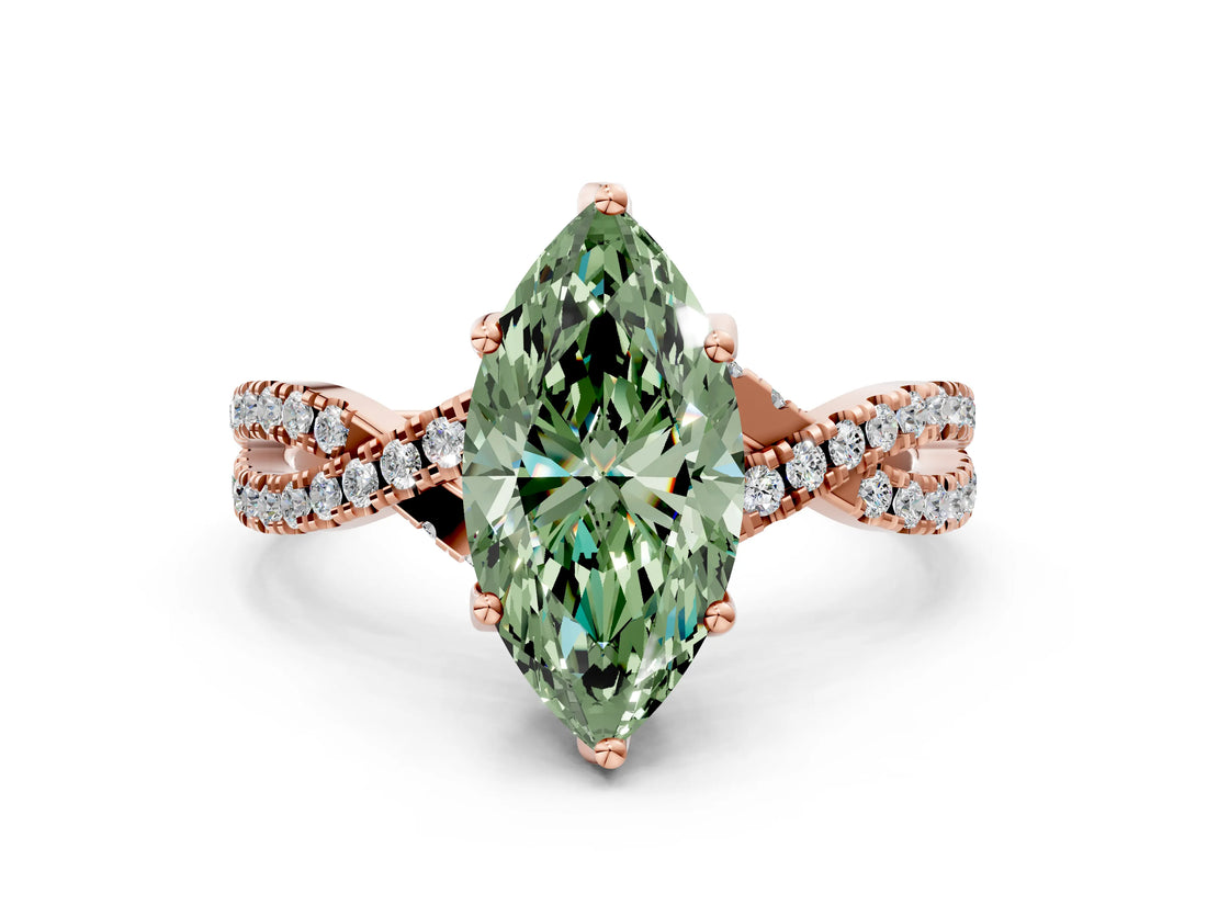 Rose gold Fancy Green Marquise Cut Solitaire Twist Pave Diamond Engagement Ring with Prong Setting_36