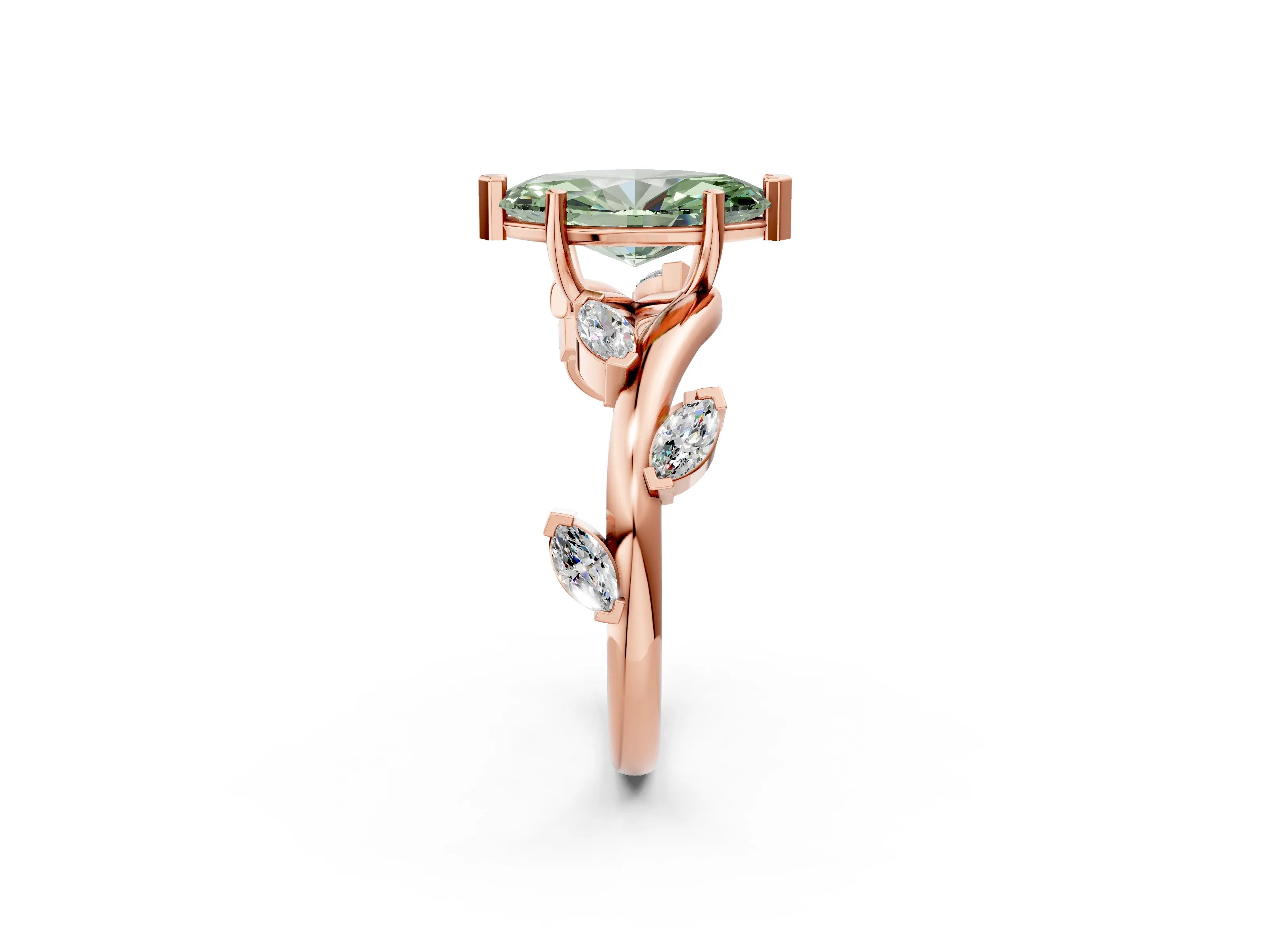 Rose gold Fancy Green Marquise Cut Solitaire Twisted Band Marquise Accent Prong Setting Ring_2