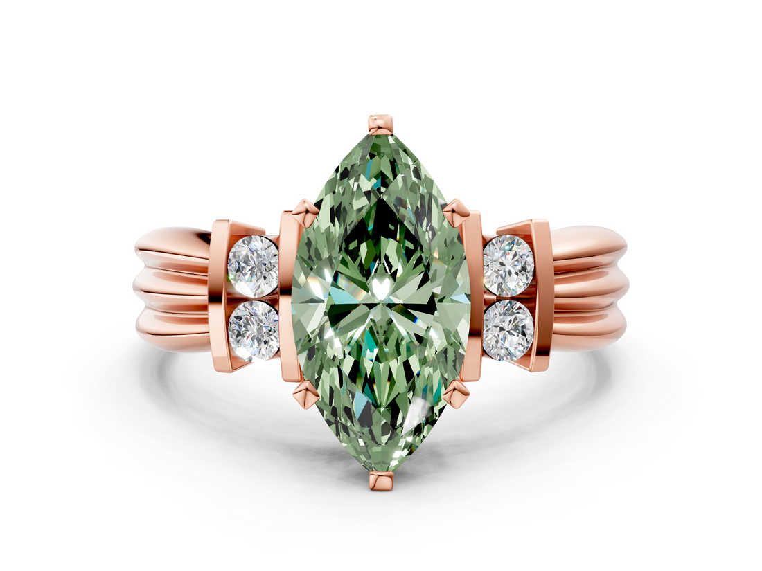 Rose gold Fancy Green Marquise  Cut Three-Stone Channel Set Ring with Bar Prongs_59