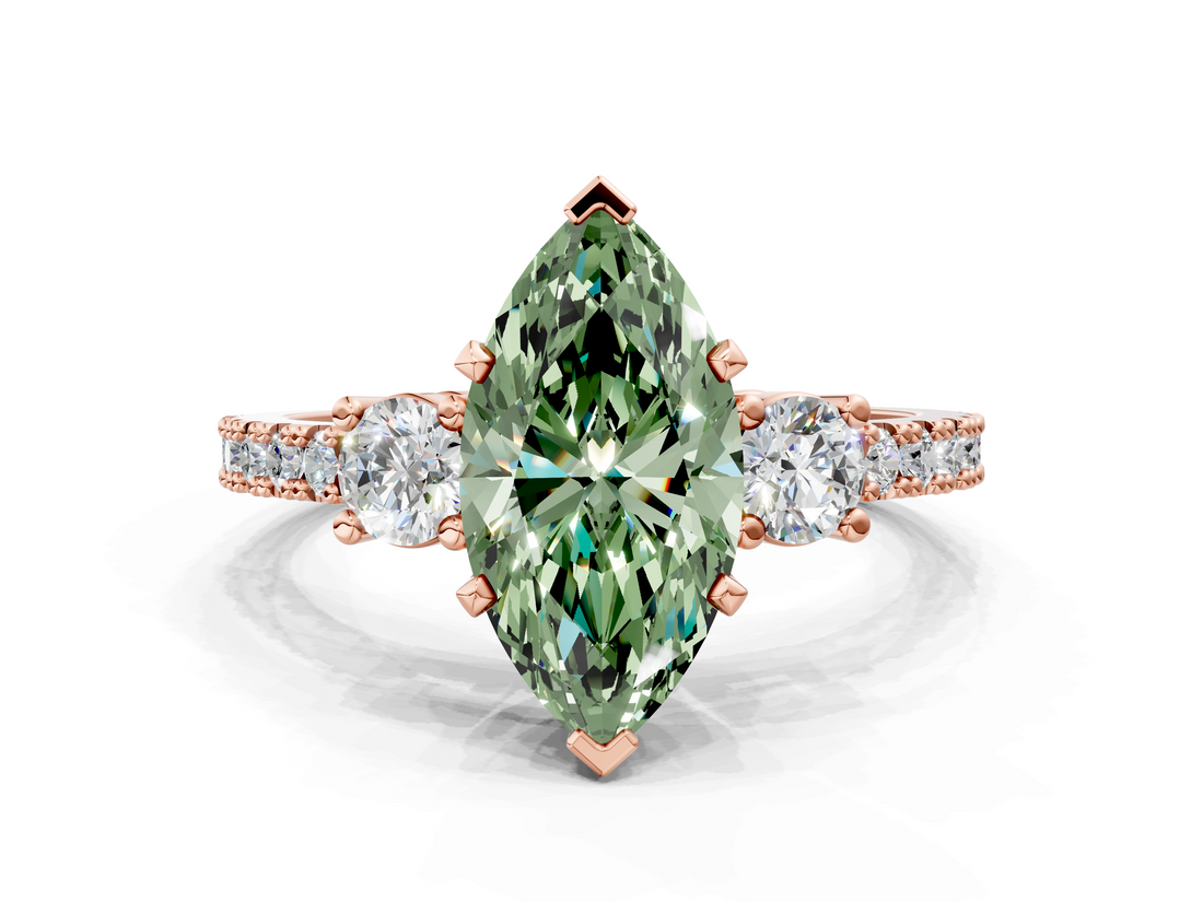 Rose gold Fancy Green Marquise  Cut Three-Stone Diamond Pavé Band with Prong Setting_17