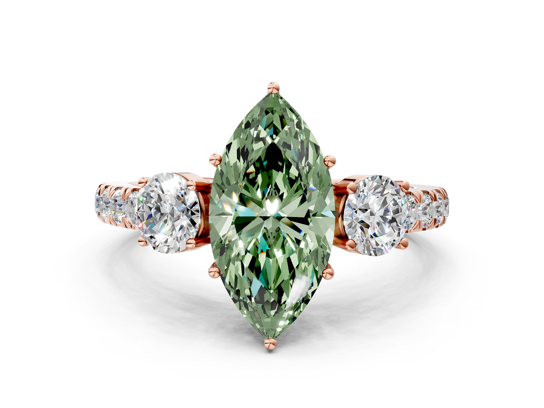 Rose gold Fancy Green Marquise  Cut Three-Stone Diamond Pave Band with Prong Setting_44