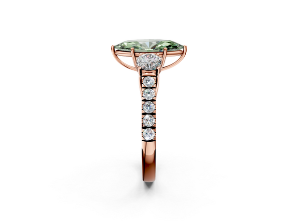 Rose gold Fancy Green Marquise  Cut Diamond Three-Stone Ring with Round Side Stones and Pavé Band