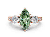 Rose gold Fancy Green Marquise Cut Three-Stone Diamond Ring with Pavé Band and Four-Prong Setting