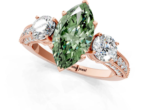 Rose gold Fancy Green Marquise Cut Three-Stone Diamond Ring with Pavé Band and Four-Prong Setting