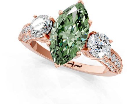 Rose gold Fancy Green Marquise Cut Three-Stone Diamond Ring with Pavé Band and Four-Prong Setting_1