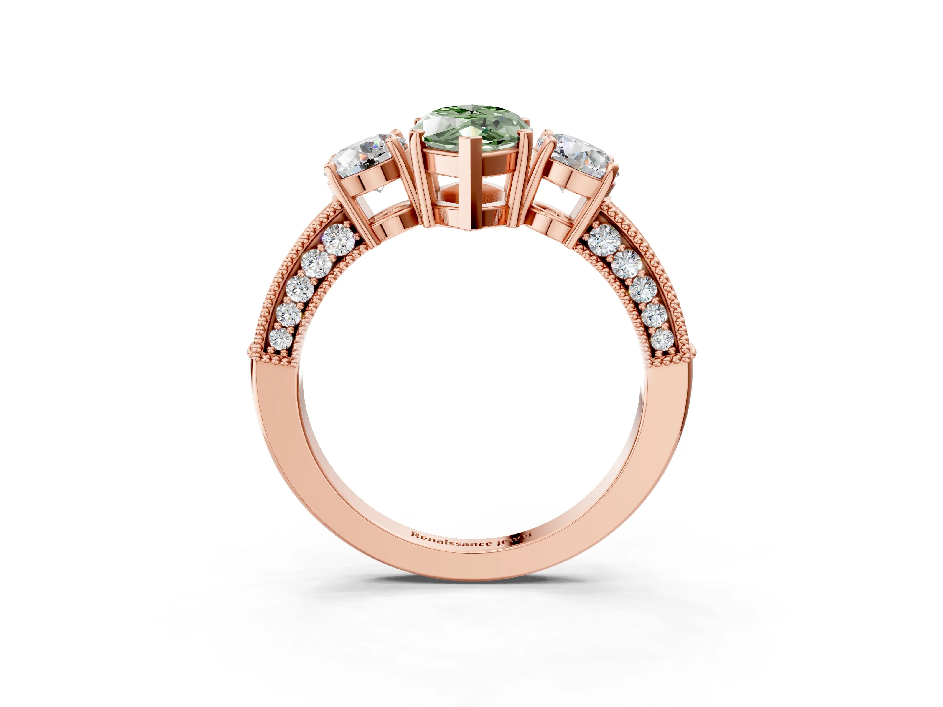 Rose gold Fancy Green Marquise Cut Three-Stone Diamond Ring with Pavé Band and Four-Prong Setting_3