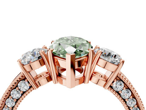 Rose gold Fancy Green Marquise Cut Three-Stone Diamond Ring with Pavé Band and Four-Prong Setting_4