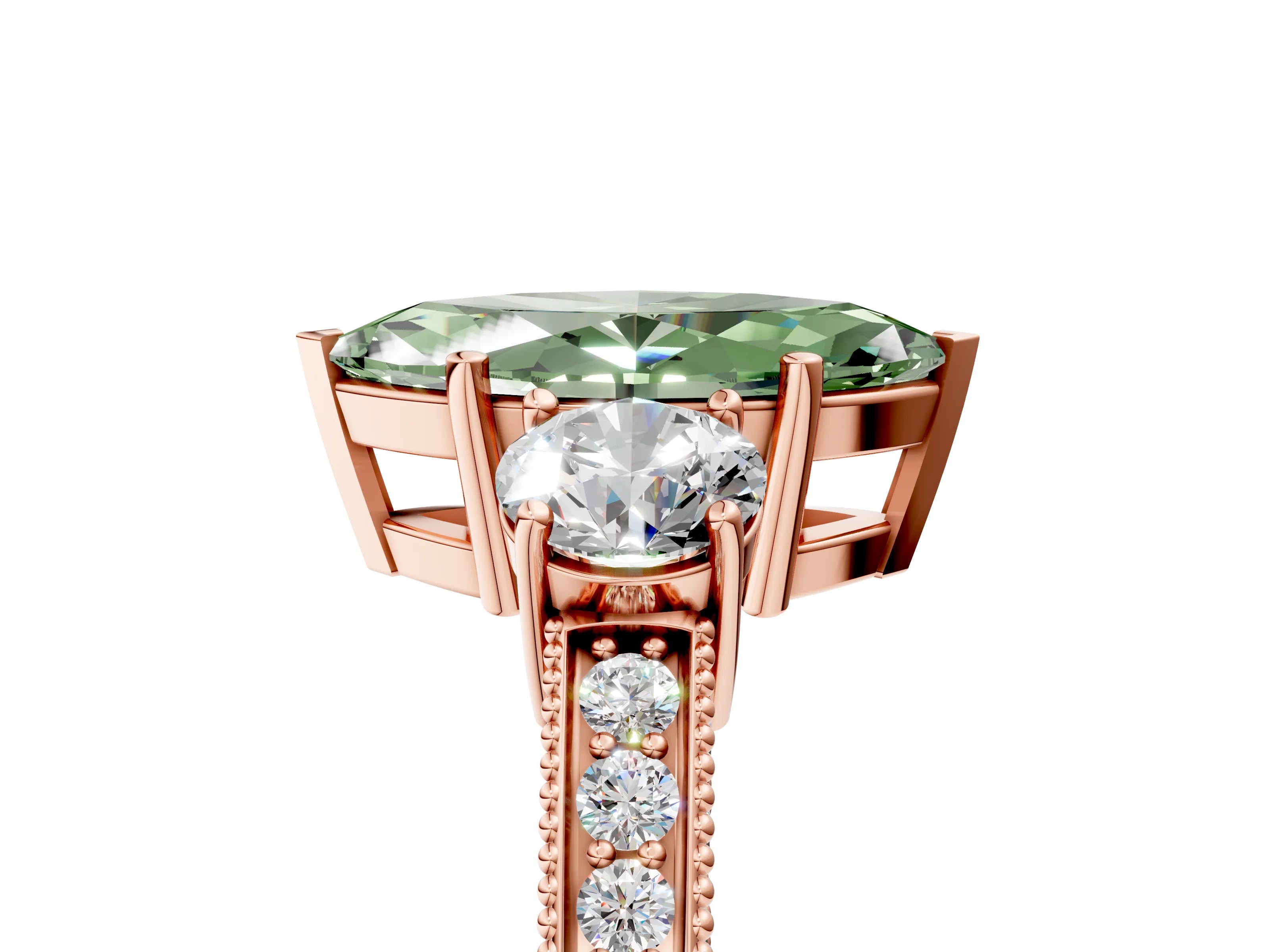 Rose gold Fancy Green Marquise Cut Three-Stone Diamond Ring with Pavé Band and Four-Prong Setting_5