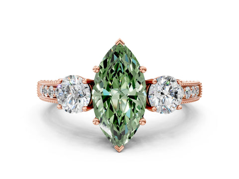 Rose gold Fancy Green Marquise Cut Three-Stone Diamond Ring with Pavé Band and Four-Prong Setting