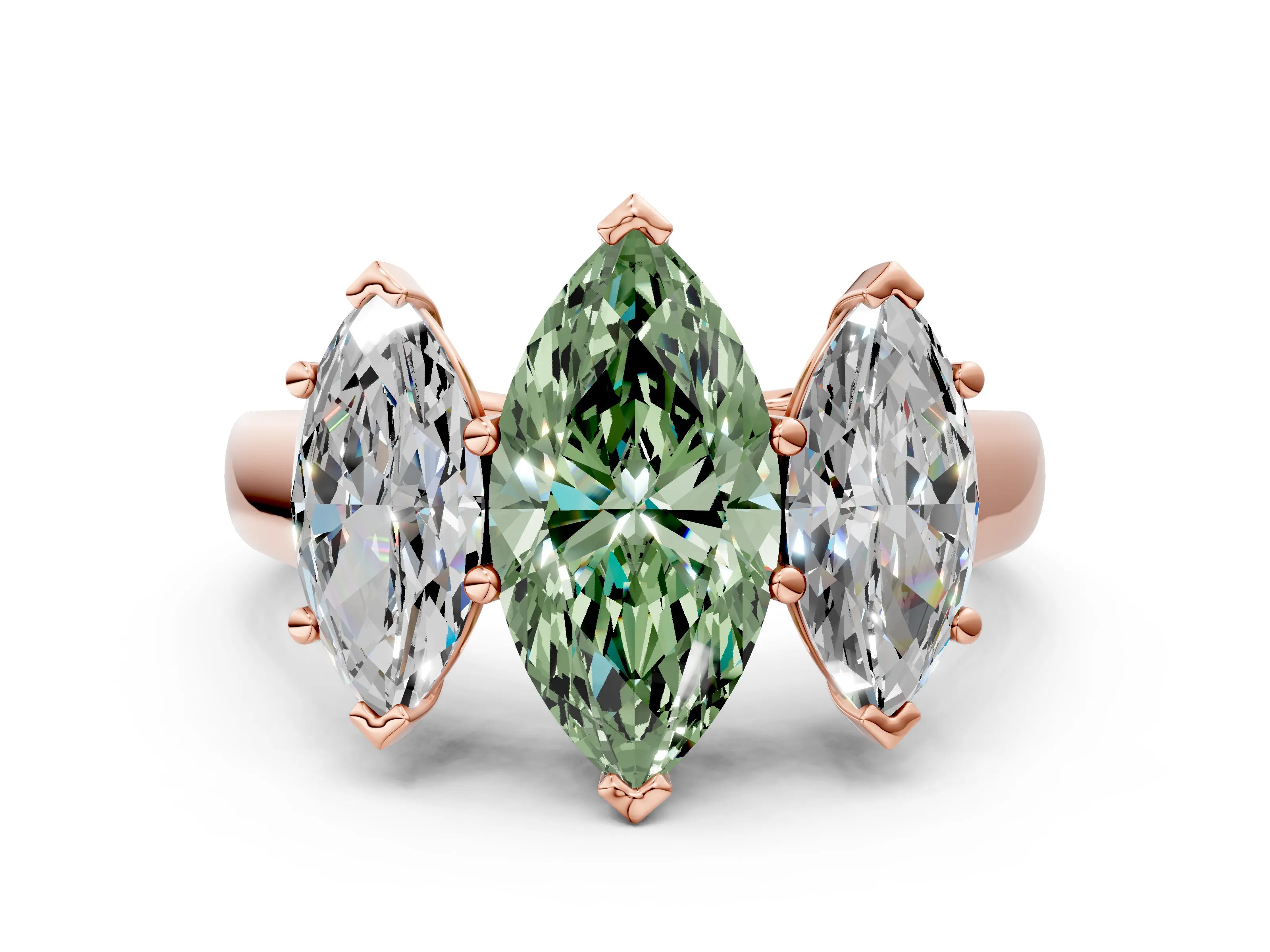 Rose gold Fancy Green Marquise Cut Three-Stone Diamond Ring with Prong Setting on a Classic Band