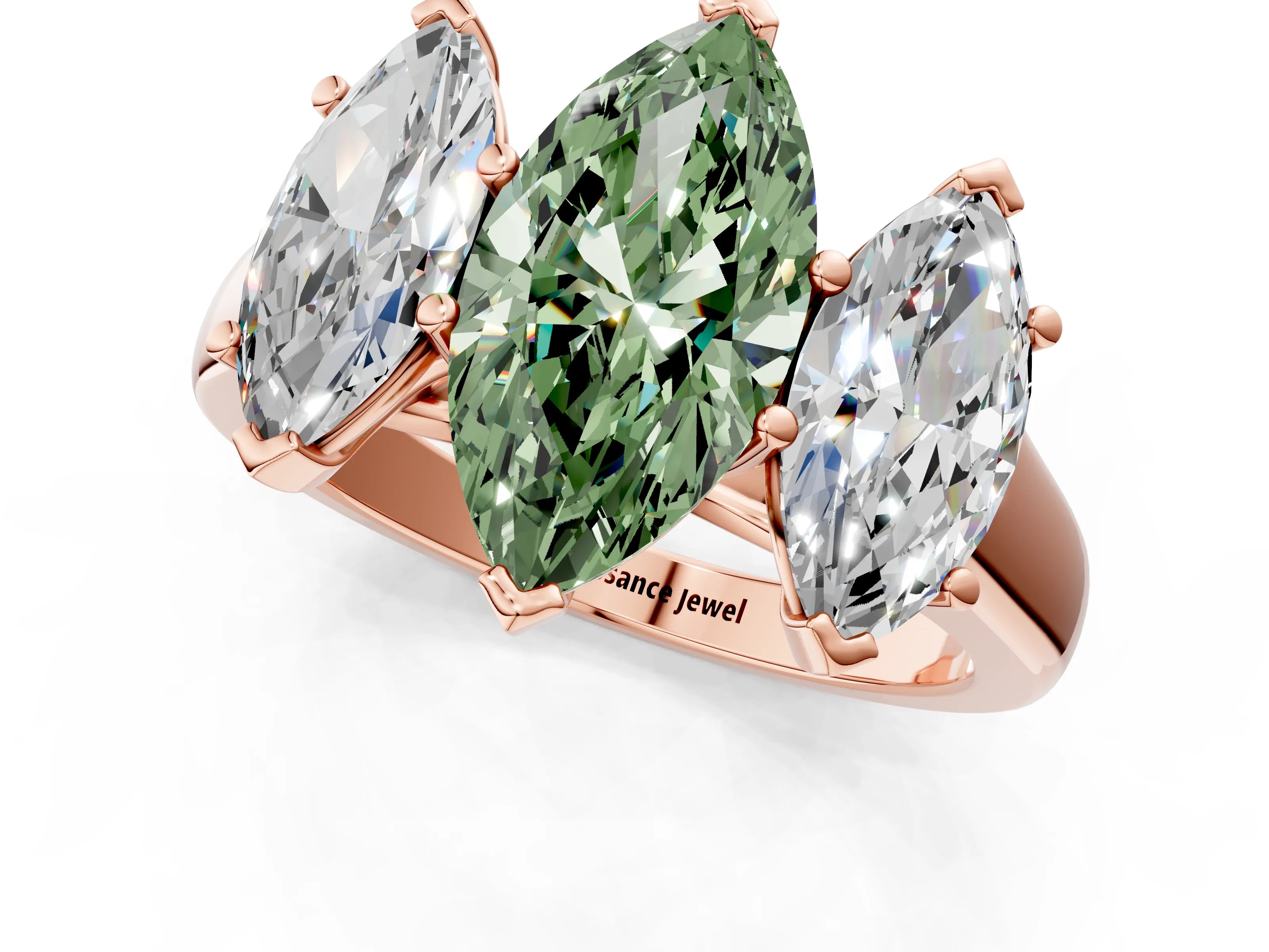 Rose gold Fancy Green Marquise Cut Three-Stone Diamond Ring with Prong Setting on a Classic Band_1