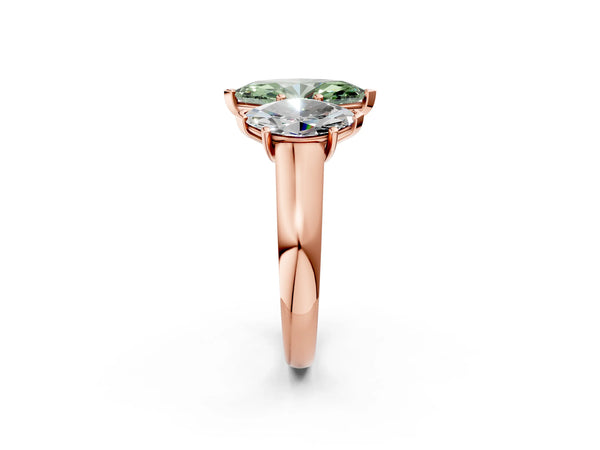 Rose gold Fancy Green Marquise Cut Three-Stone Diamond Ring with Prong Setting on a Classic Band