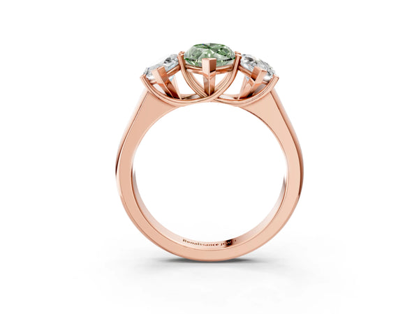 Rose gold Fancy Green Marquise Cut Three-Stone Diamond Ring with Prong Setting on a Classic Band