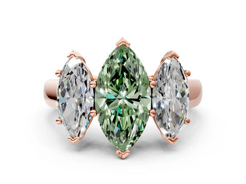 Rose gold Fancy Green Marquise Cut Three-Stone Diamond Ring with Prong Setting on a Classic Band