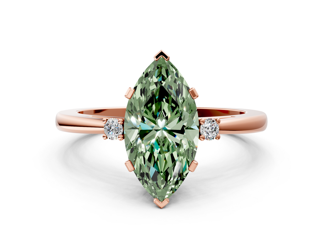 Rose gold Fancy Green Marquise  Cut Three-Stone Solitaire Ring with Round Accent Diamonds and Four-Prong Setting_20