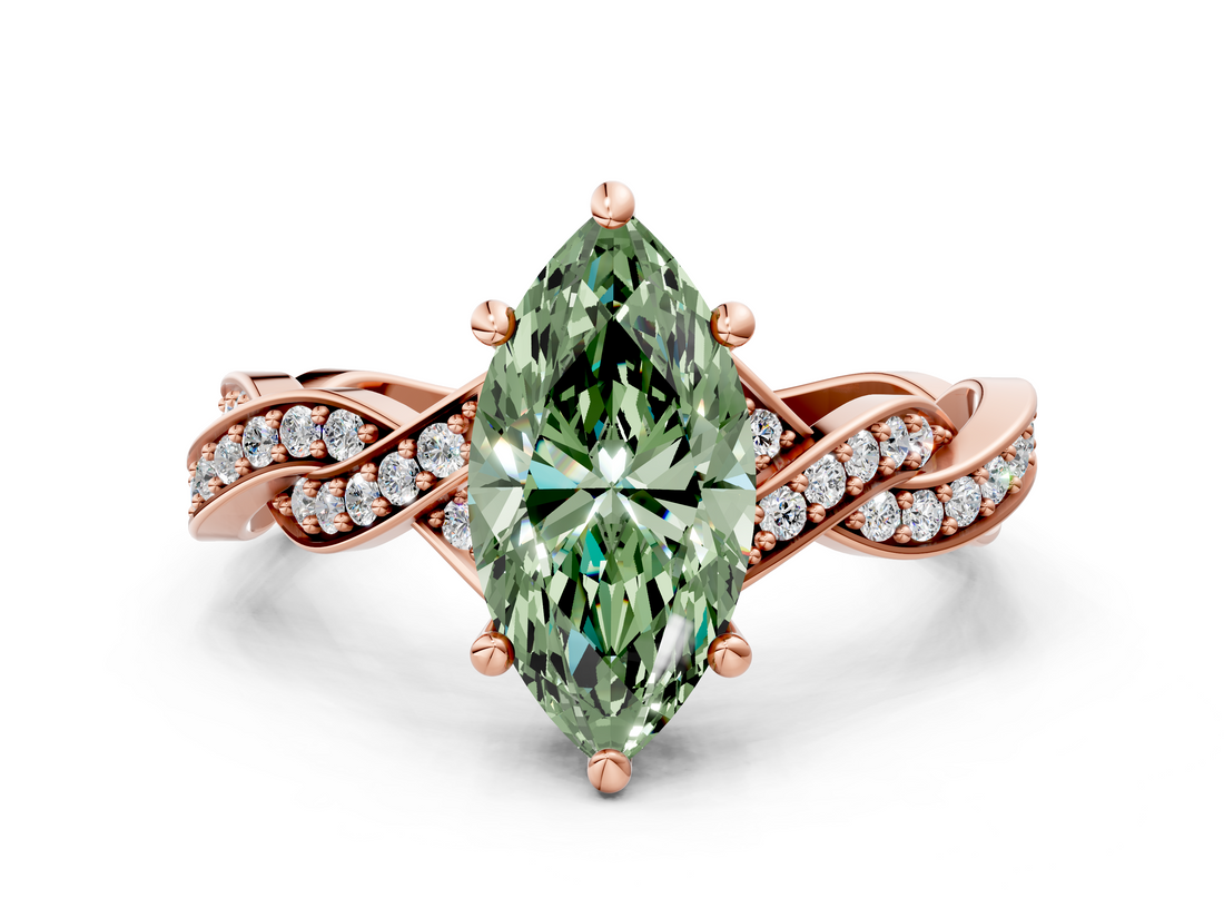 Rose gold Fancy Green Marquise  Cut Twisted Pavé Band Solitaire Ring with Four-Prong Setting_55
