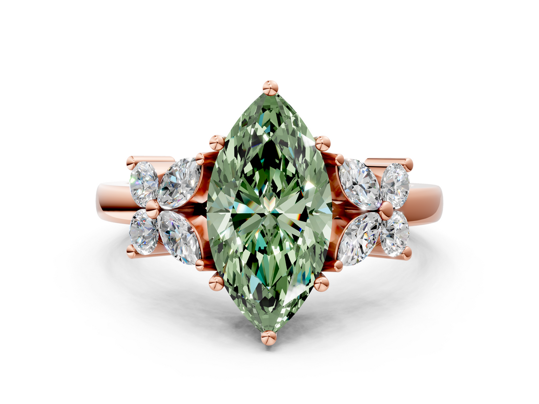 Rose gold Fancy Green Marquise  Diamond Floral Cluster Ring with Solitaire Band and Prong Setting_32