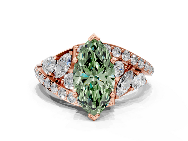 Rose gold Fancy Green Marquise  Diamond Halo Ring with Marquise and Pavé Band in Prong Setting