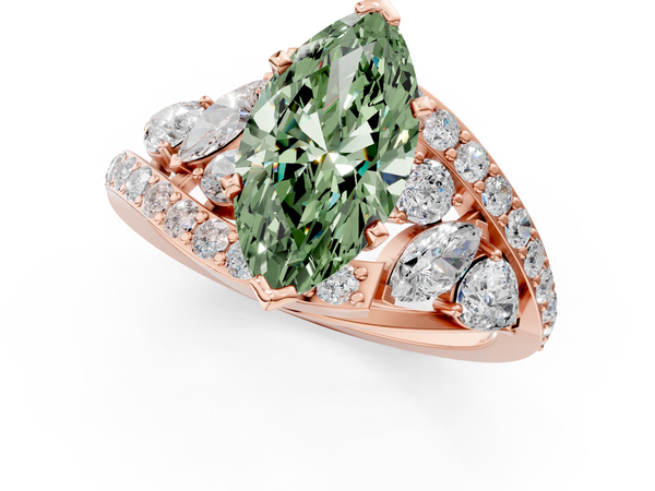 Rose gold Fancy Green Marquise  Diamond Halo Ring with Marquise and Pavé Band in Prong Setting