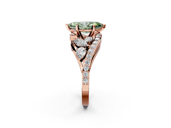 Rose gold Fancy Green Marquise  Diamond Halo Ring with Marquise and Pavé Band in Prong Setting