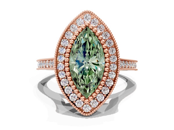 Rose gold Fancy Green Marquise  Diamond Halo Ring with Milgrain Frame and Pavé Band