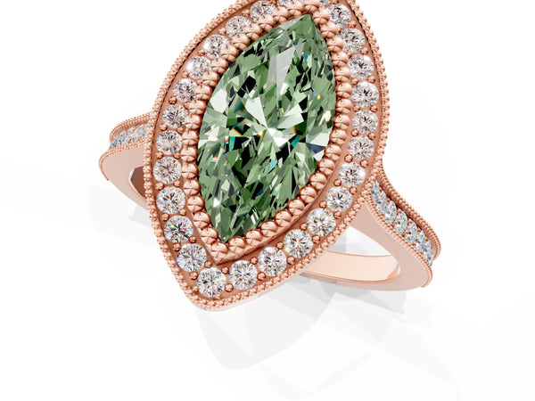 Rose gold Fancy Green Marquise  Diamond Halo Ring with Milgrain Frame and Pavé Band