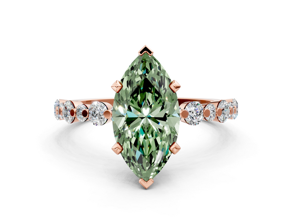 Rose gold Fancy Green Marquise Cut Diamond Prong Set Engagement Ring with Pavé Band
