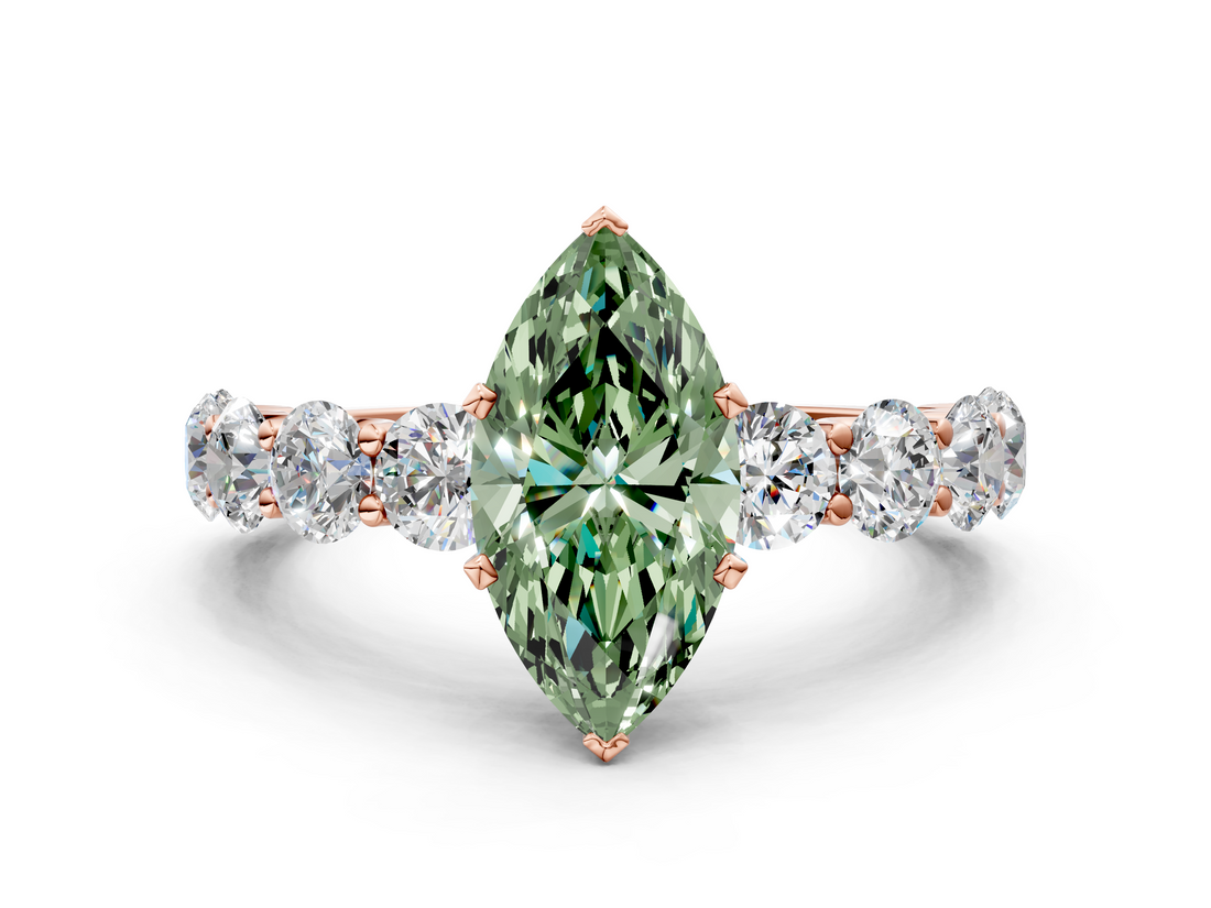 Rose gold Fancy Green Marquise  Diamond Prong Setting with Side Stones on a Pave Band_131