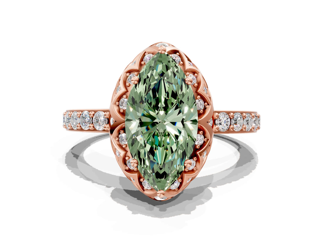 Rose gold Fancy Green Marquise  Diamond Solitaire Ring with Shared Prong Pavé Band_55