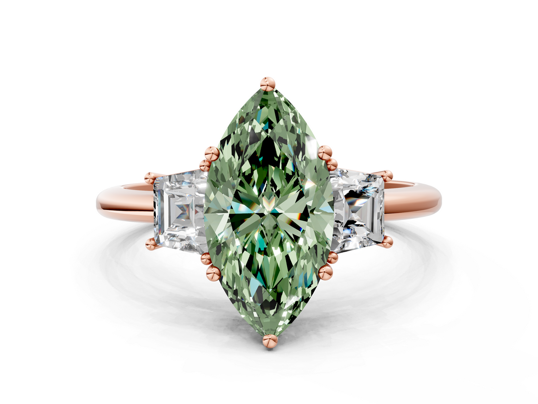 Rose gold Fancy Green Marquise  Diamond Three-Stone Ring with Trapezoid Side Stones and Prong Setting_17