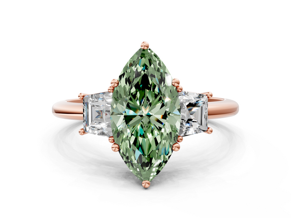 Rose gold Fancy Green Marquise  Diamond Three-Stone Ring with Trapezoid Side Stones and Prong Setting
