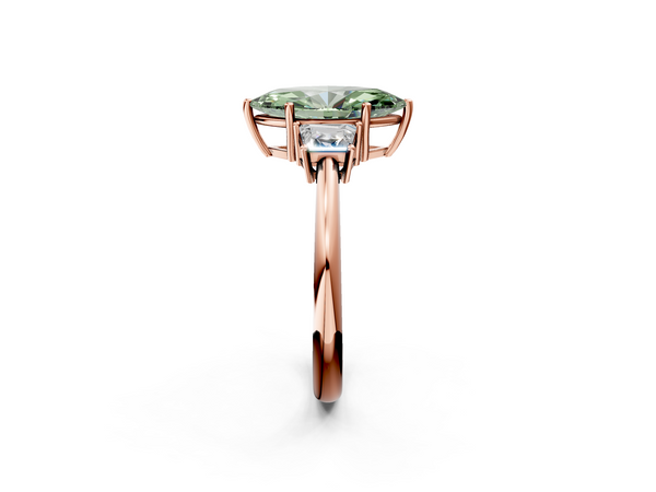 Rose gold Fancy Green Marquise  Diamond Three-Stone Ring with Trapezoid Side Stones and Prong Setting