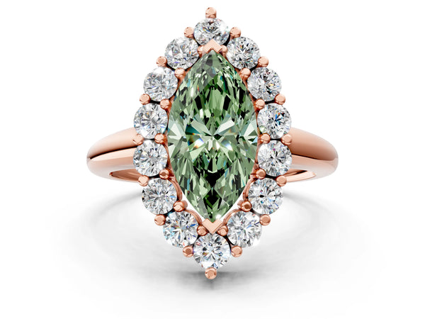 Rose gold Fancy Green Marquise  Halo Cluster Diamond Engagement Ring with Prong Setting and Polished Band
