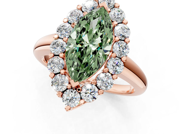 Rose gold Fancy Green Marquise  Halo Cluster Diamond Engagement Ring with Prong Setting and Polished Band