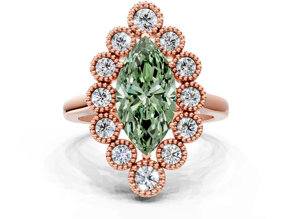 Rose gold Fancy Green Marquise  Halo Diamond Cluster Engagement Ring with Milgrain Bezel Setting and Solitaire Band